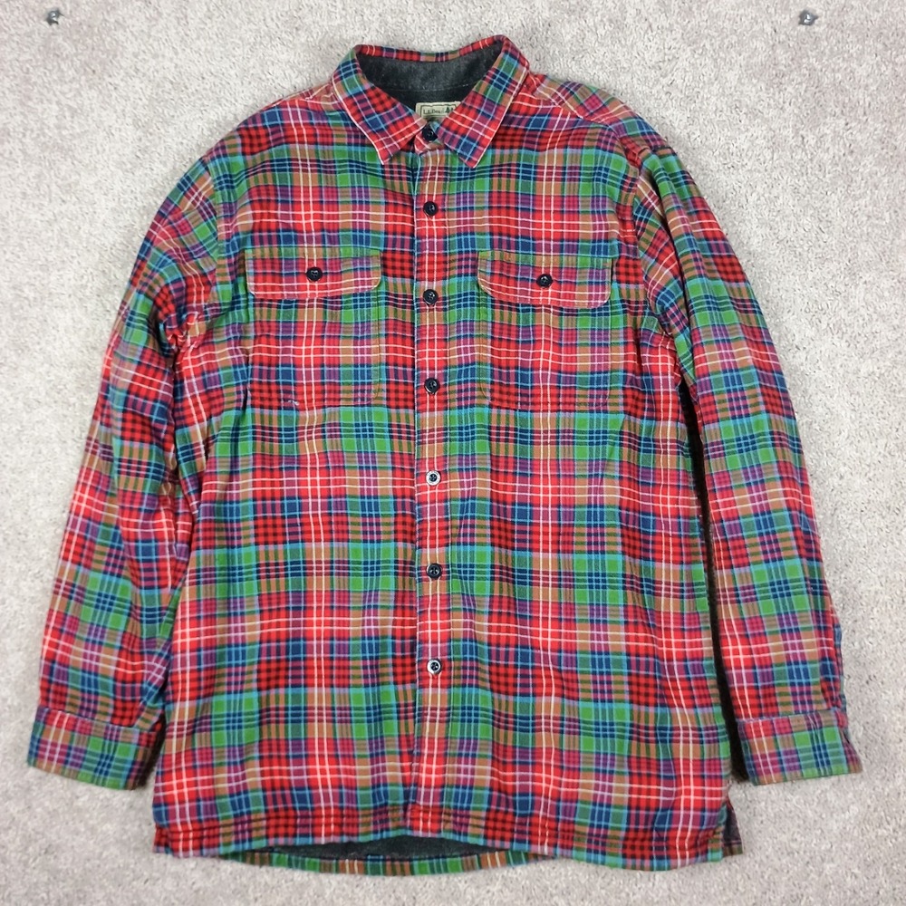 L.L. Bean Fleece Lined Flannel Shirt Plaid Men's Size  Large Red Green Blue